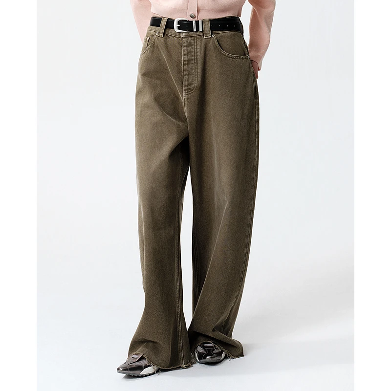 D63咖色阔腿牛仔中高腰时尚宽松直筒裤水洗牛仔裤5F1K77127