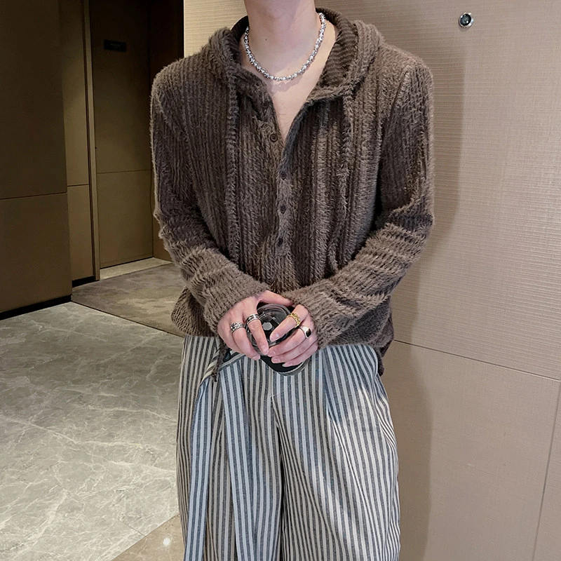 软糯垂感针织打底连帽衫男秋季慵懒风穿搭宽松休闲毛衣内搭外套潮