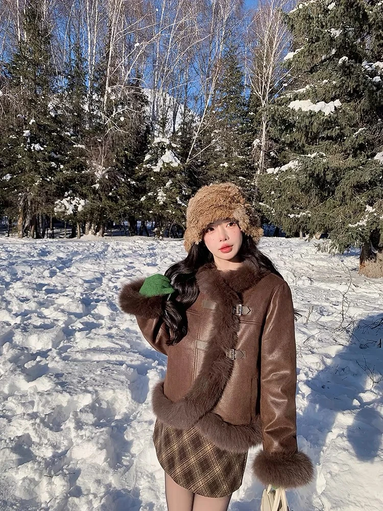 156高领皮毛一体机车外套女秋冬宽松显瘦百搭上衣