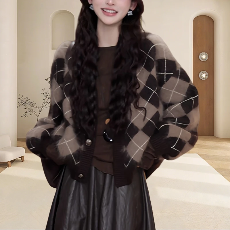 ins慵懒风加厚格子毛衣开衫外套复古针织保暖宽松百搭毛衣外套女