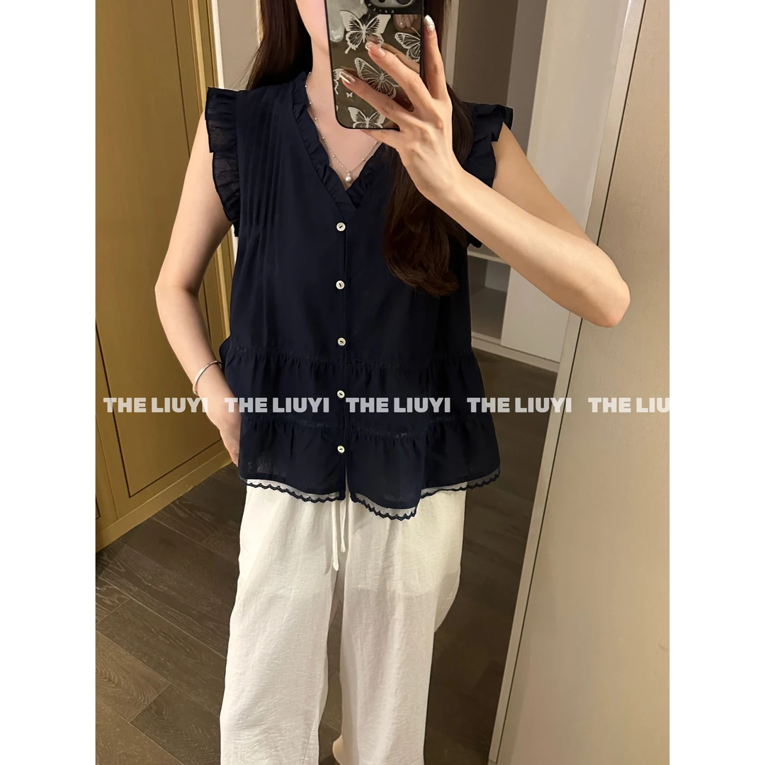 【LIUYI】微风小衫～韩系v领精致木耳边小衫56215