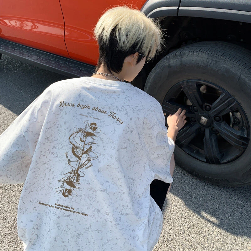 玫瑰印花脏脏短袖T恤男夏季潮牌青少年半袖美式潮流重磅宽松衣服