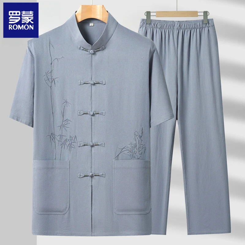 罗蒙【纯棉唐装】父亲节夏季唐装男士中老年国风爸爸装中式老人套装