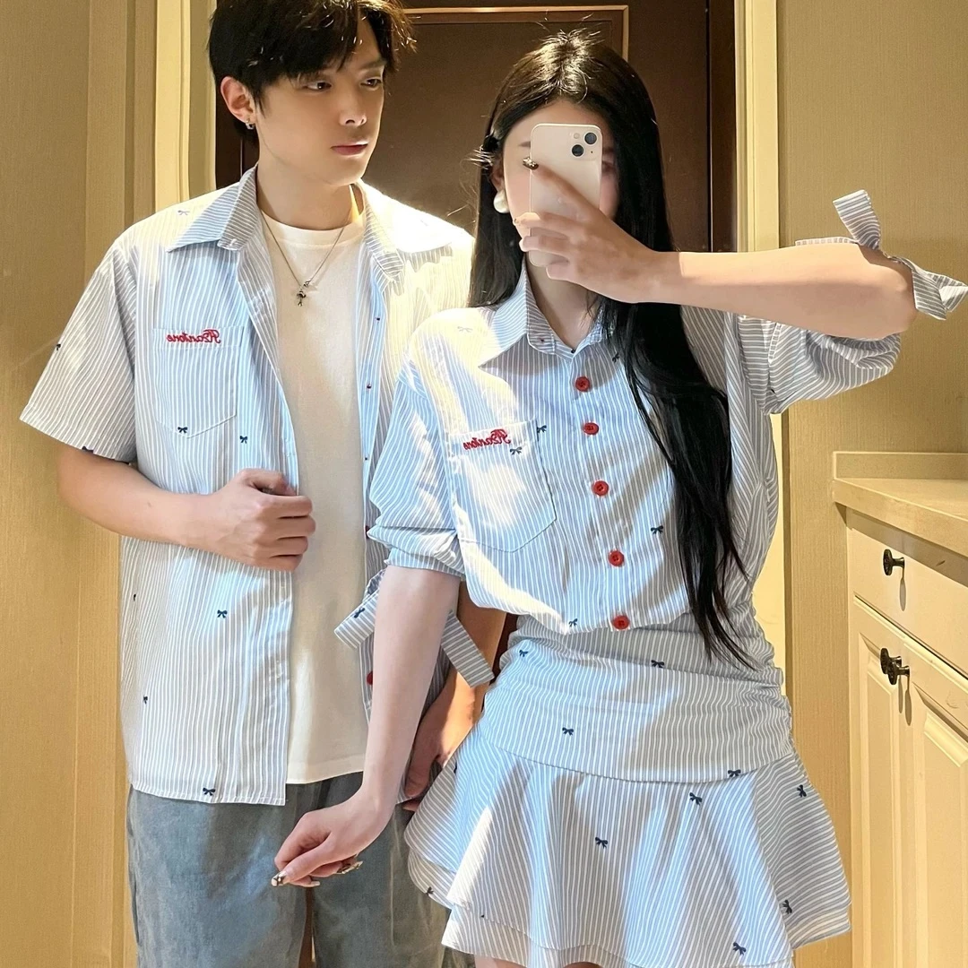 情侣装夏季潮流小众学院风条纹休闲收腰显瘦女连衣裙子男polo衬衫