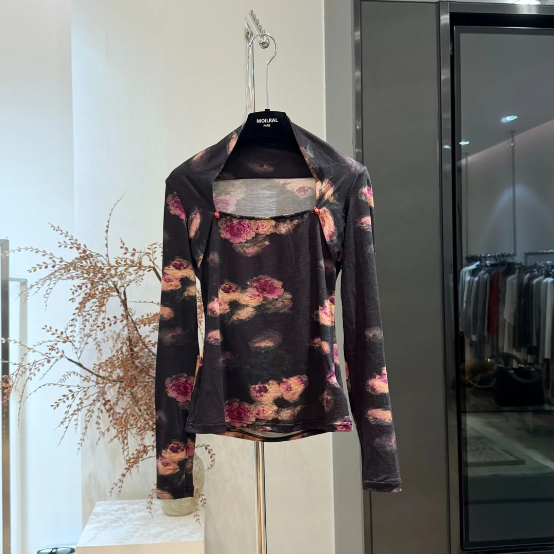 ZZ时尚百搭印花长袖女士满印晕染T恤打底衫国风X1145