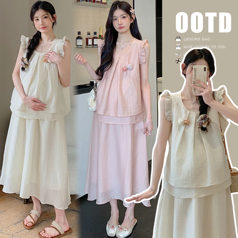 实拍现货 仿亚麻珠光小飞袖圆领宽松娃娃衫+半身裙套装抽绳