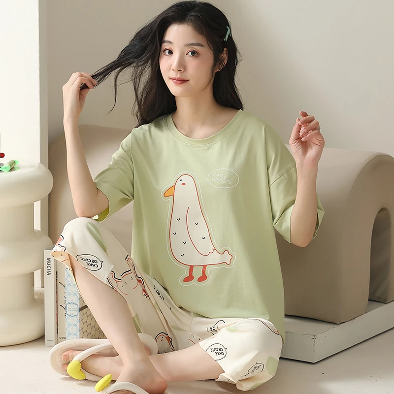 卡之恋夏季女士睡衣短袖七分裤绿色卡通家居服两件套