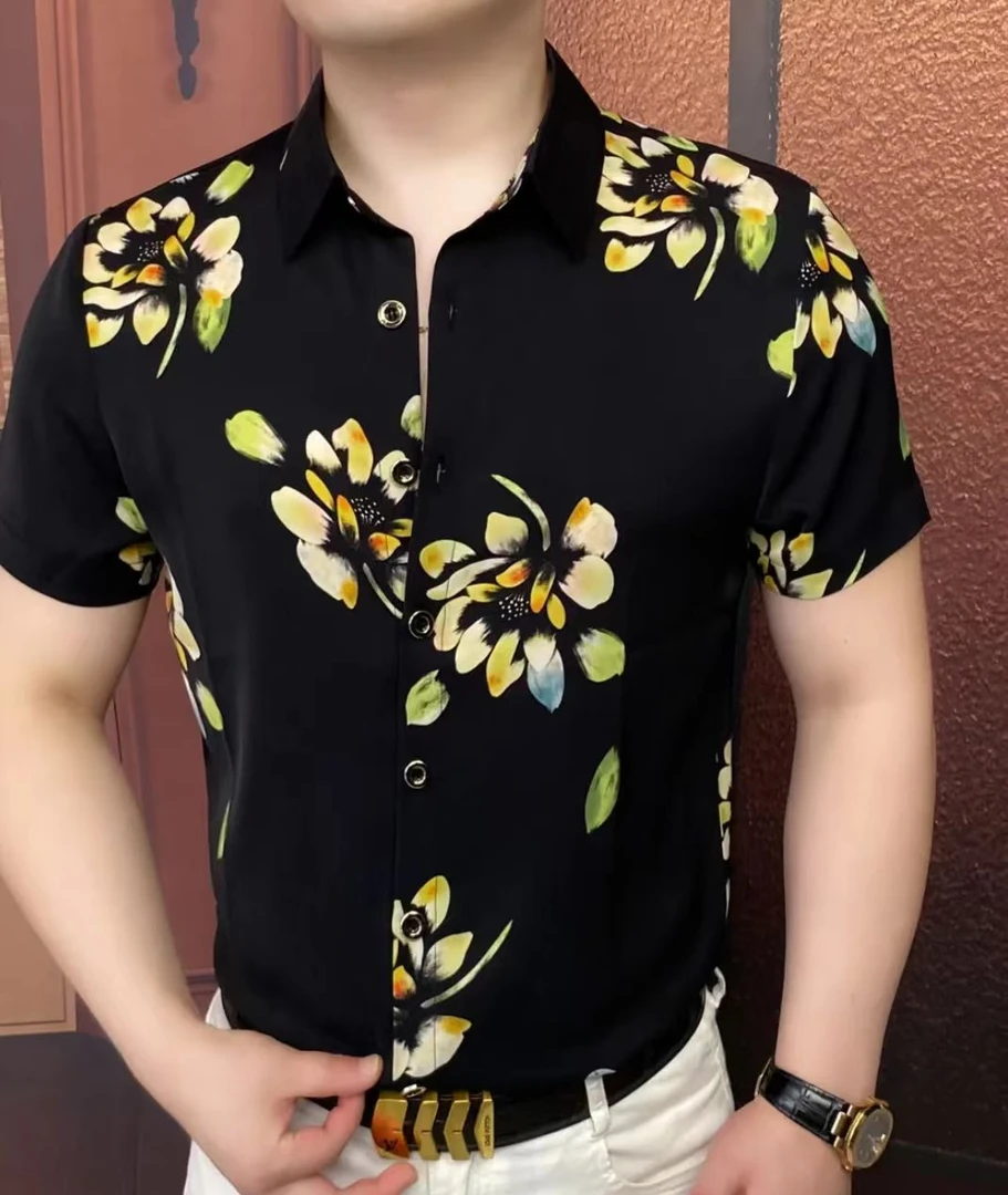 《夜之绽放》2025夏衬衫商务休闲个性痞帅百搭时尚修身翻领格子衬衫