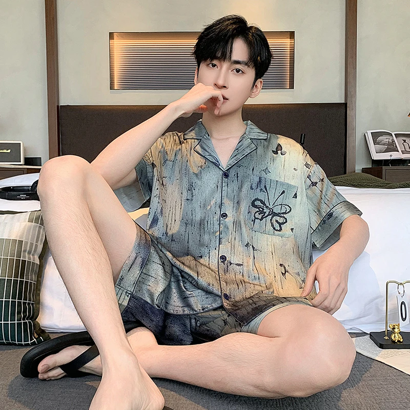 冰丝男士睡衣春秋季2025新款高档仿真丝绸短袖短裤男款家居服套装