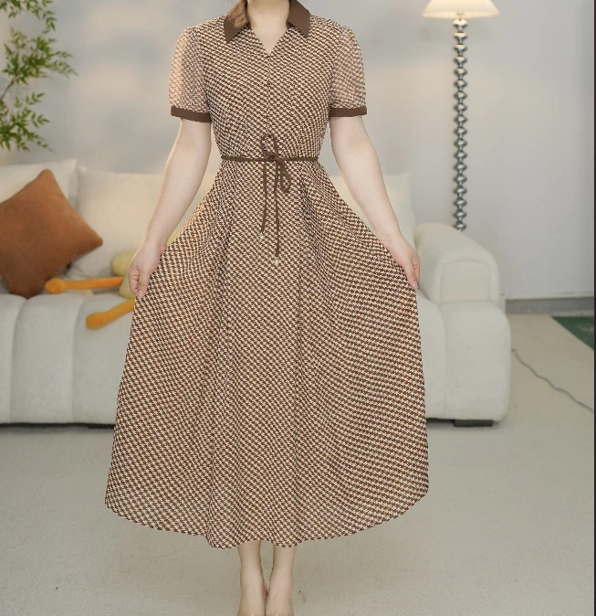 L21108连衣裙气质夏季复古中长款收腰修身