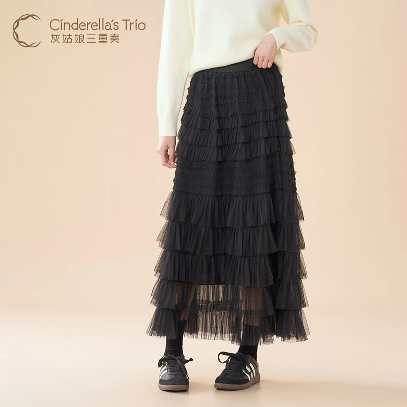 灰姑娘三重奏C·早春新款洋气百搭显瘦黑 深灰半身裙H251128592