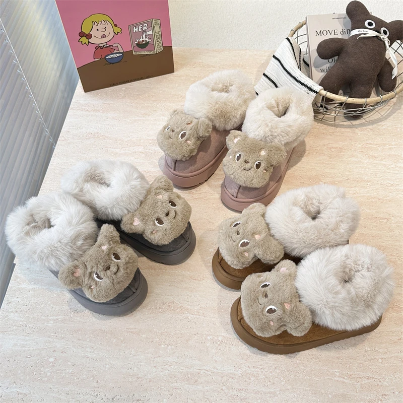 2025年冬季新款可爱小熊雪地靴女外穿防滑厚底加绒保暖棉鞋