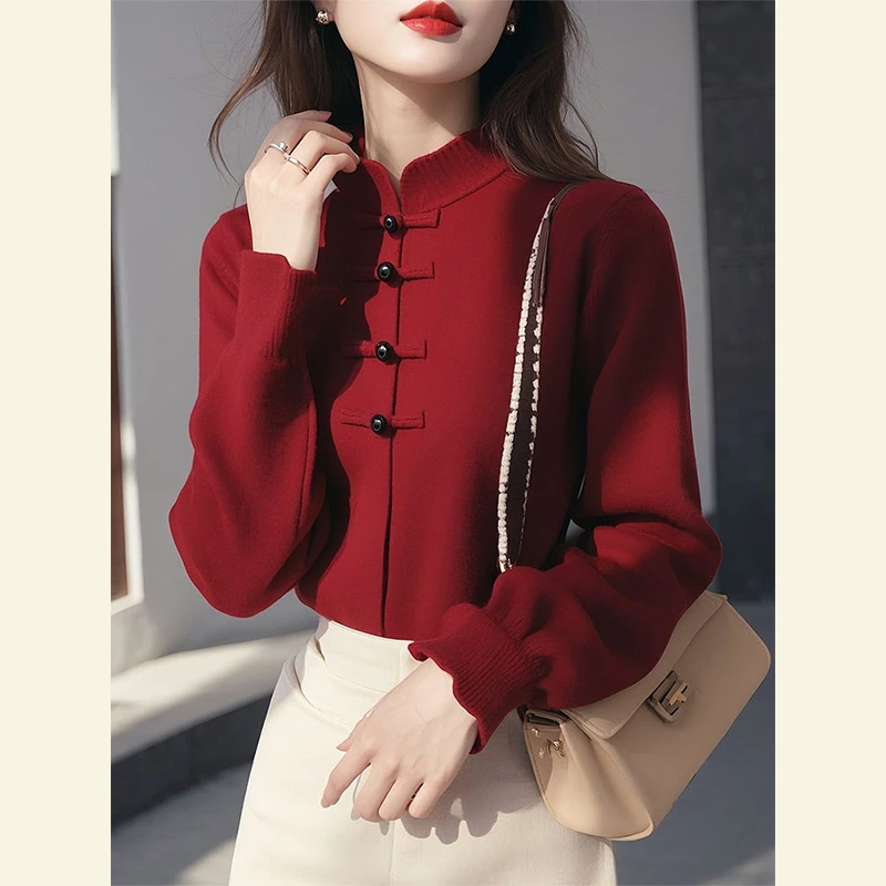 新中式国风红色独特超好看上衣高级感时尚百搭休闲显瘦针织衫春季