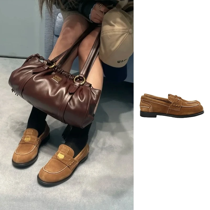 全新未使用 MIU MIU/缪缪 棕色麂皮金币乐福鞋 正码