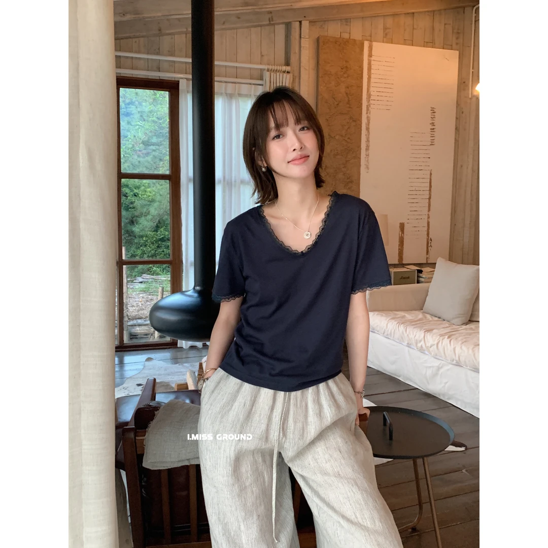 3059#基础简约通勤V领蕾丝花边拼接减龄短袖T恤