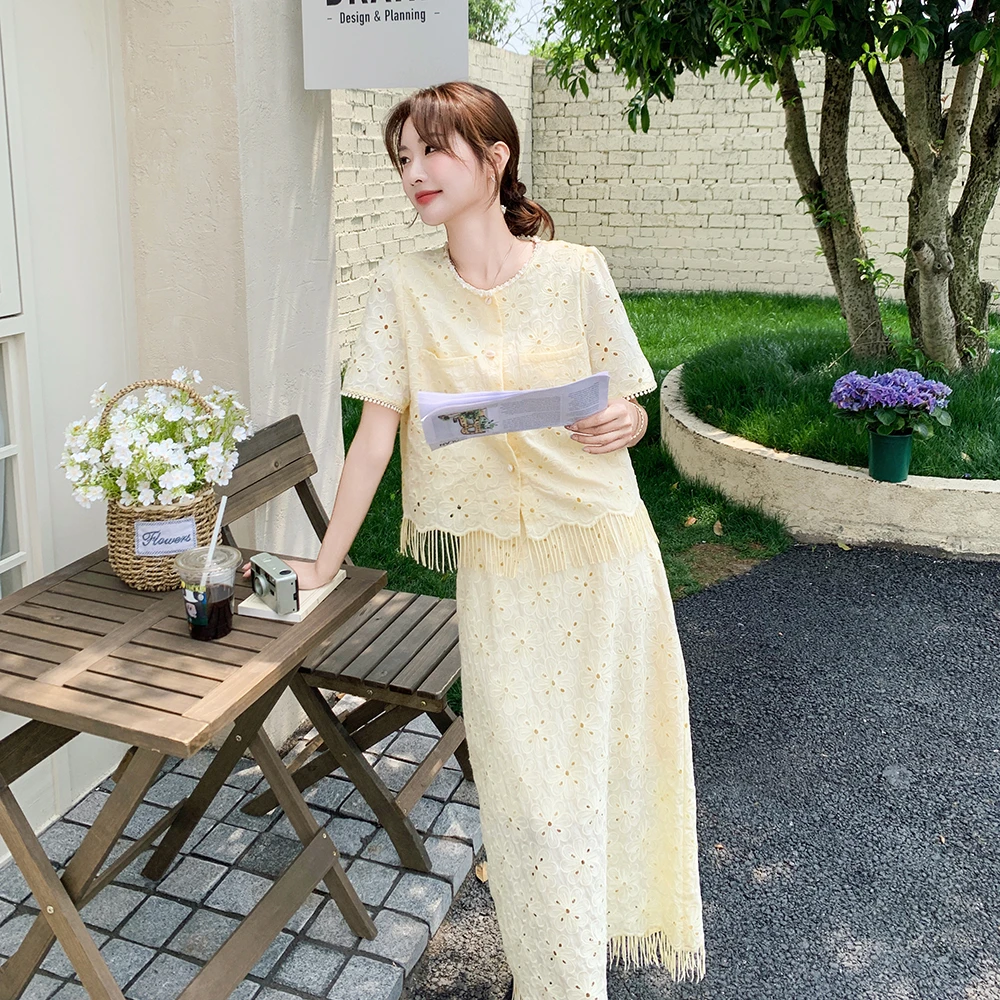 2025夏季新款韩版时尚气质百搭显瘦短袖上衣高腰半身裙两件套女