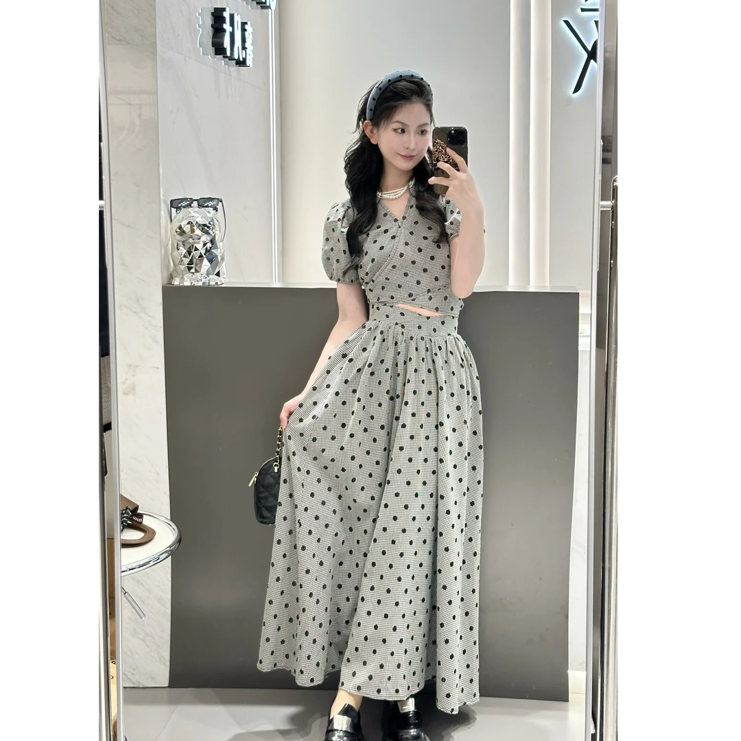Benview【miu系波点】复古套装裙女2025夏盐系小众v领连衣裙两件套