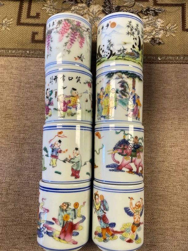 景德镇陶瓷粉彩堆料釉上彩直筒茶杯八件套