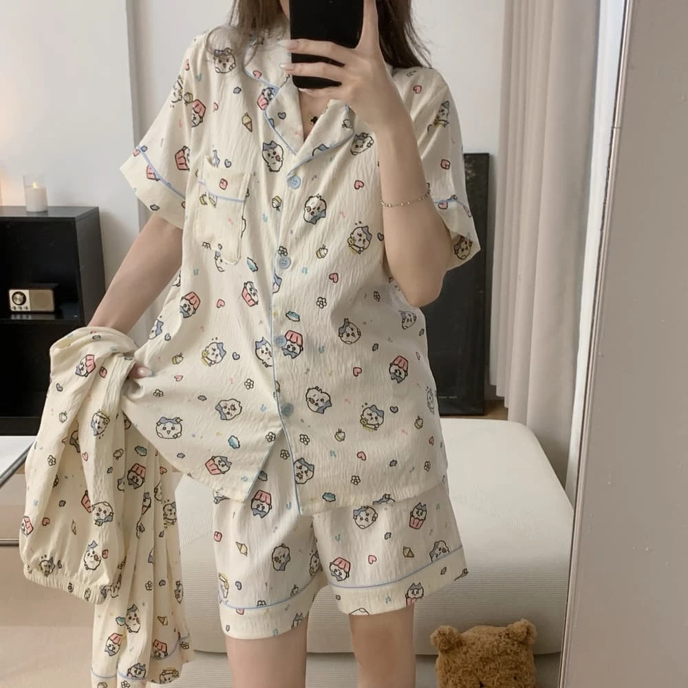 【带胸垫】吉伊卡哇三件套云朵棉睡衣女夏季短袖短裤长裤学生家居服