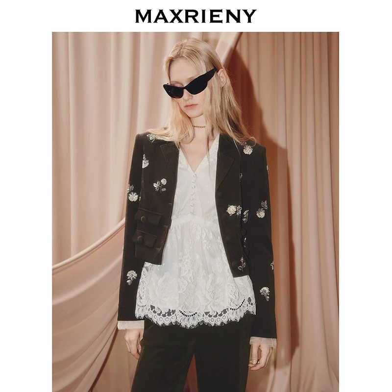 【艺术系流浪】MAXRIENY巴恩风穿搭翻领夹克25秋截短绣花外套流光风