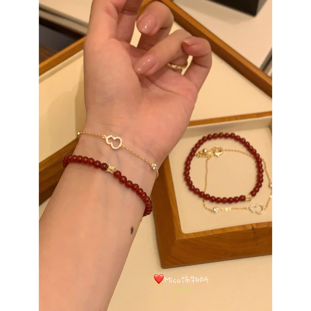 铜合金合成锆石手链 红色串珠葫芦双层手链