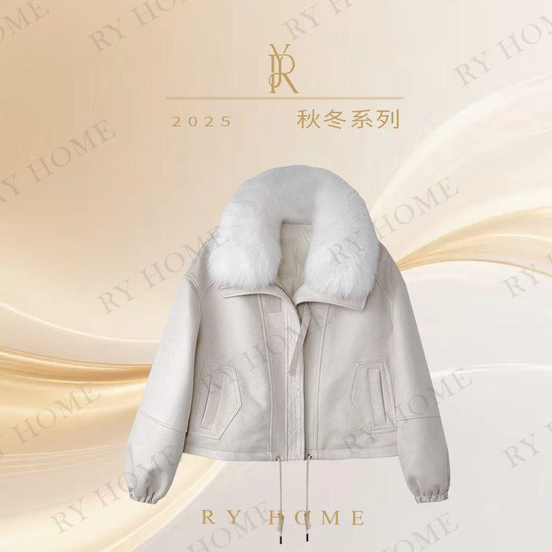 【容雨RYHOME】狐狸毛领短款翻领防寒90白鹅绒服254YF1508