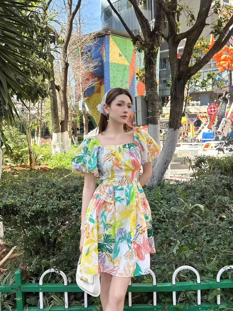 【商场同款】2025夏季方领浪漫印花泡泡袖连衣裙5500516