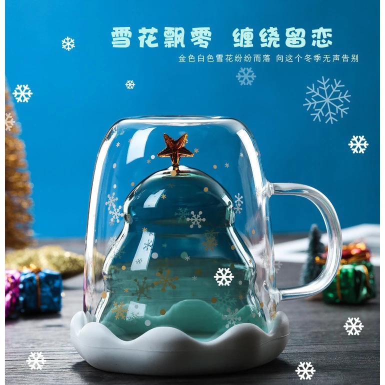 双层玻璃杯卡通双层杯可爱带盖水杯家用双层玻璃杯圣诞咖啡杯