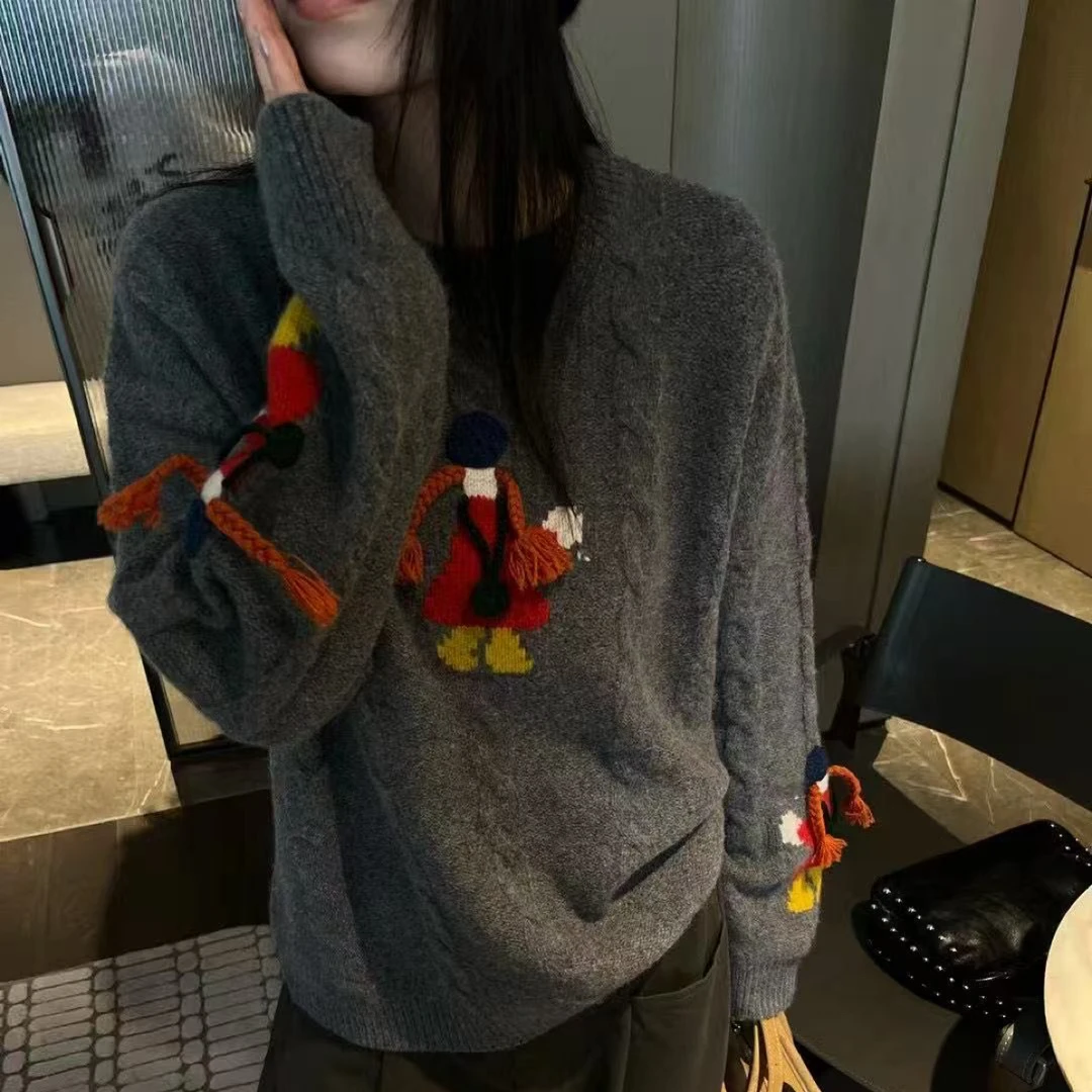 欧洲站2025冬季新款欧货设计感圆领长袖趣味小女孩麻花毛衣女5202