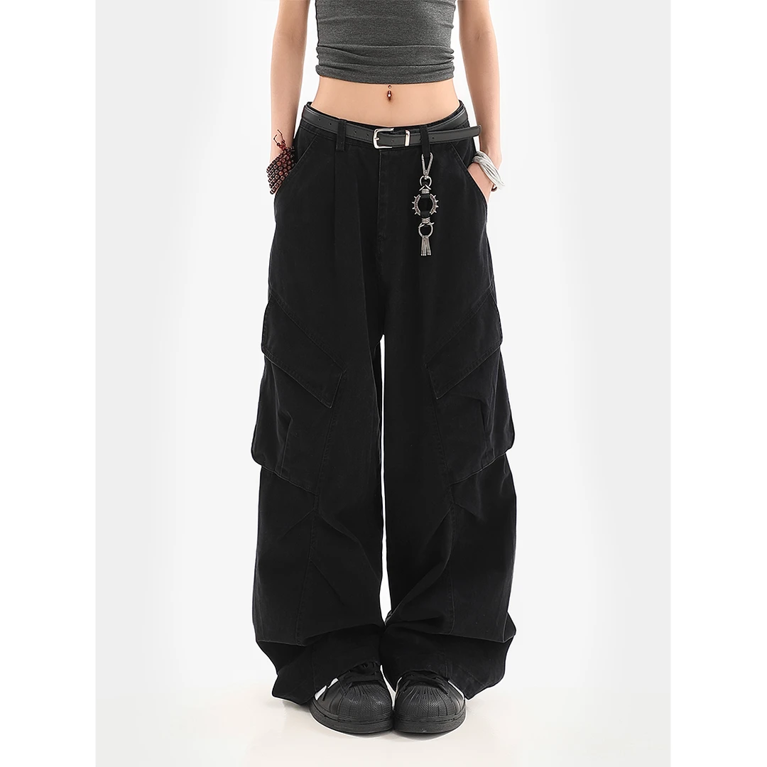 美式复古黑色休闲工装裤女春季设计感褶皱多口袋宽松垂感阔腿裤子