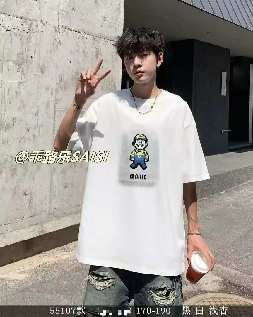 休闲印花休闲运动套装宽松黑白短袖百搭T恤米奇ins青少年圆领