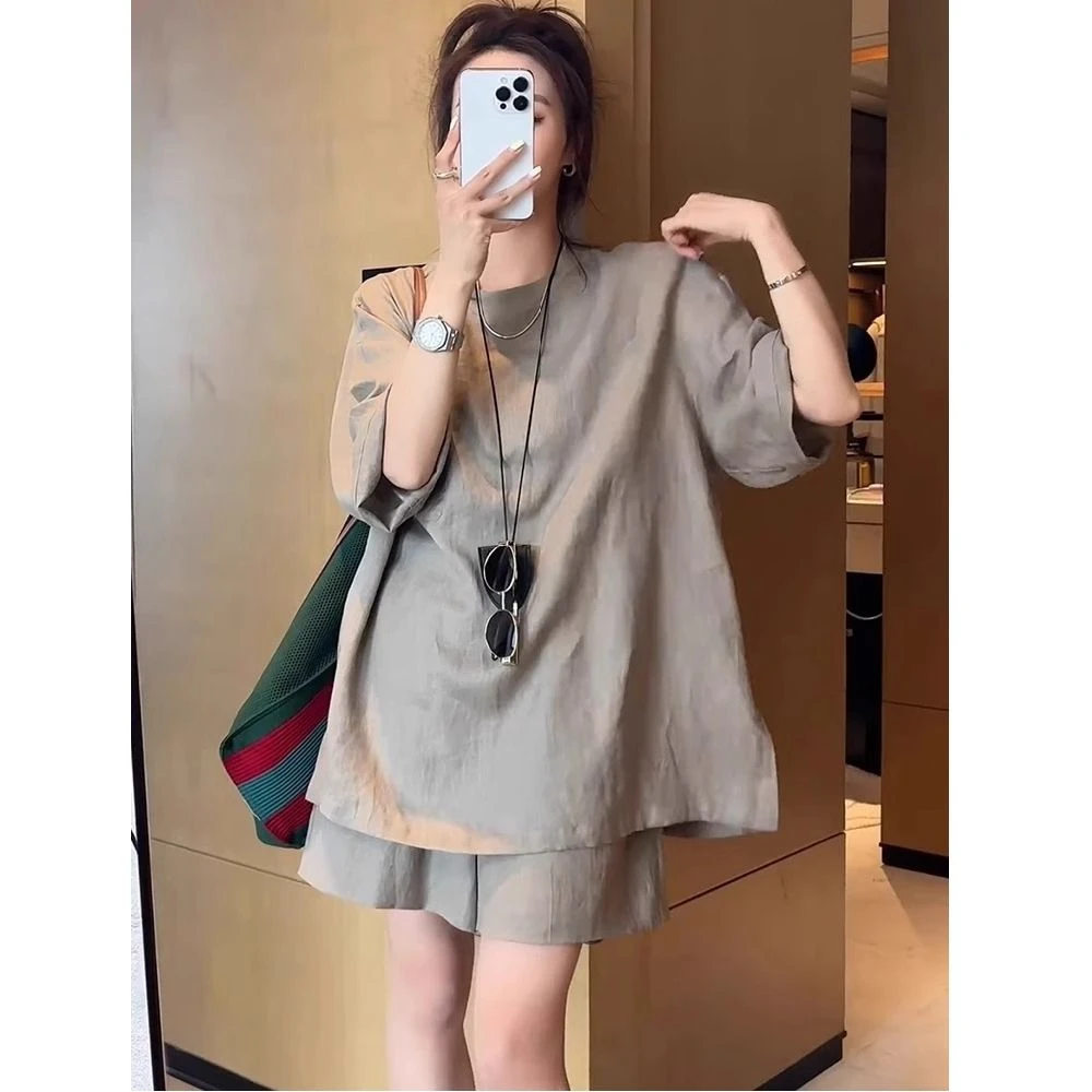 高级感休闲亚麻套装女2025新款夏季t恤宽松设计感上衣短裤两件套