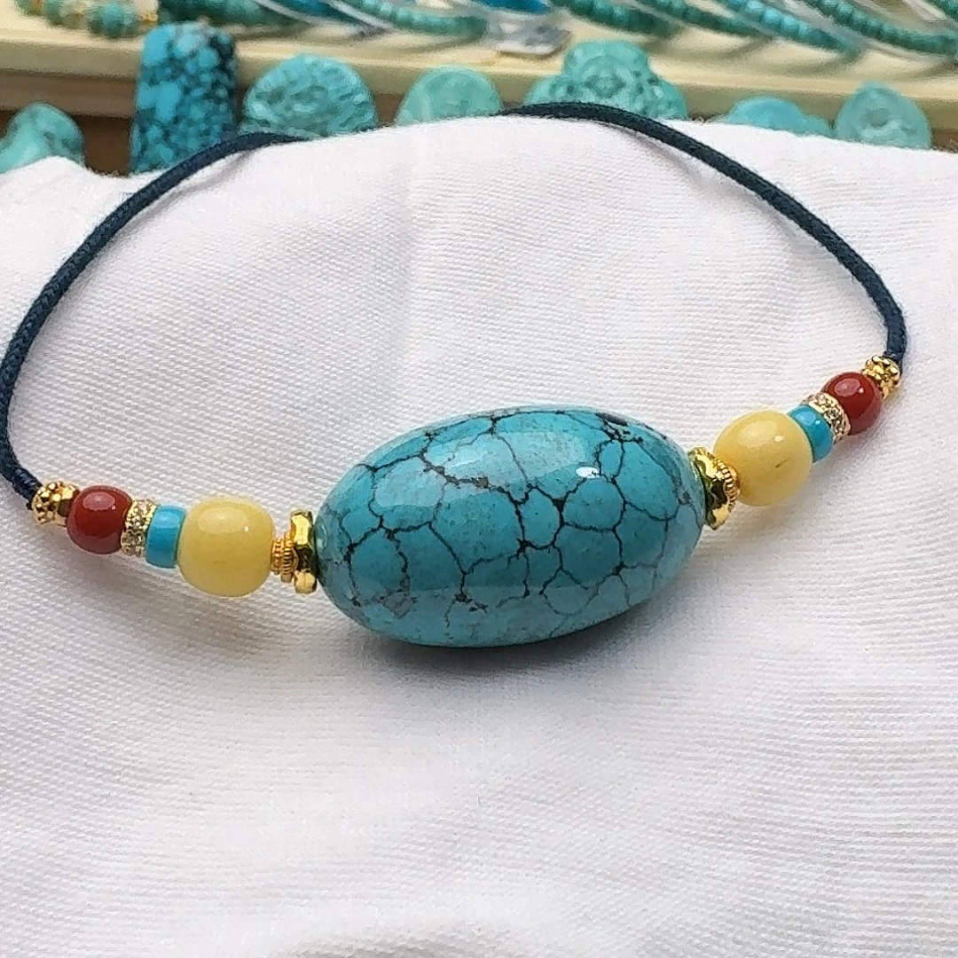 绿松石未镶嵌高瓷蓝网花桶珠锁骨珠