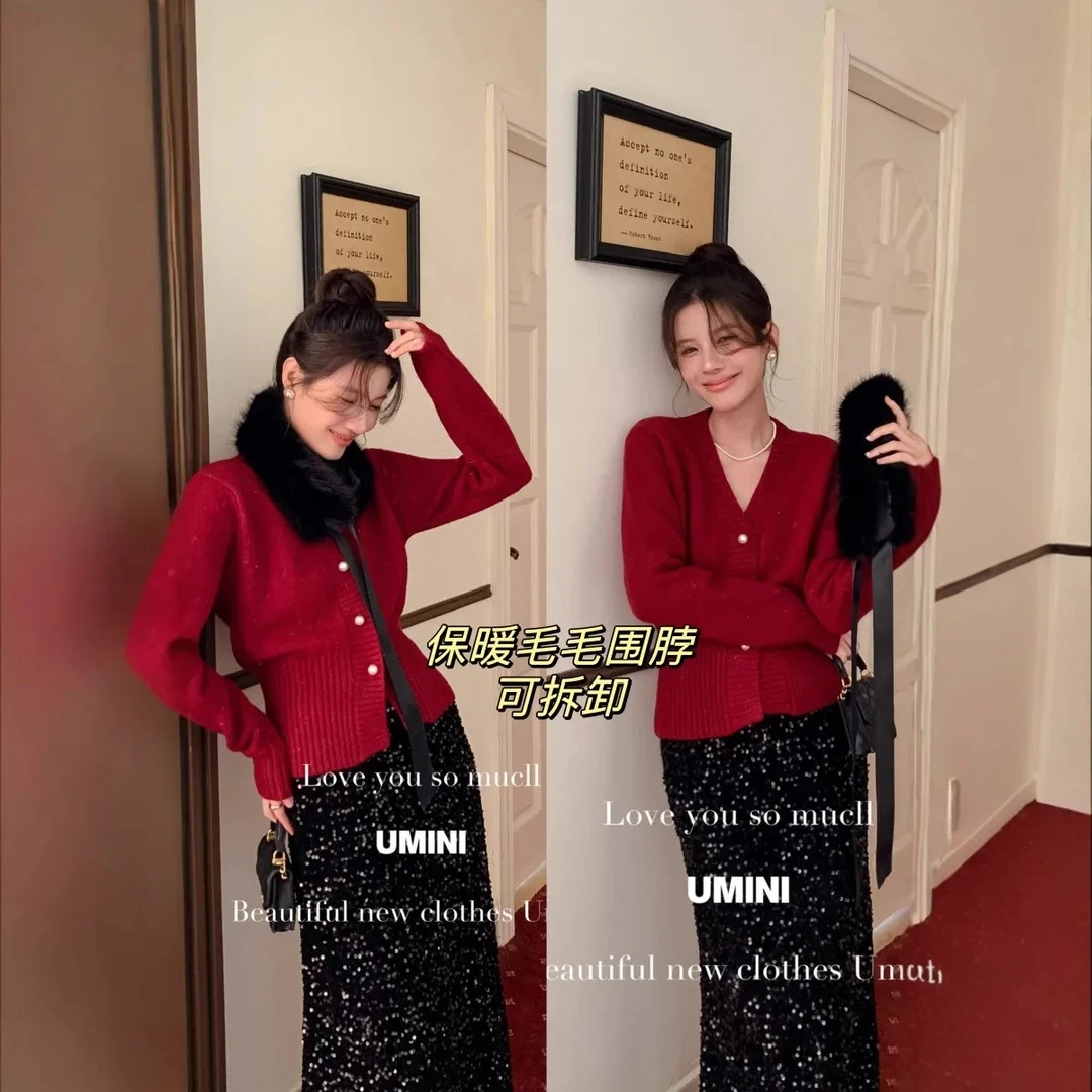 【李易行】新款毛毛领轻奢气质针织毛衫时尚毛衣女