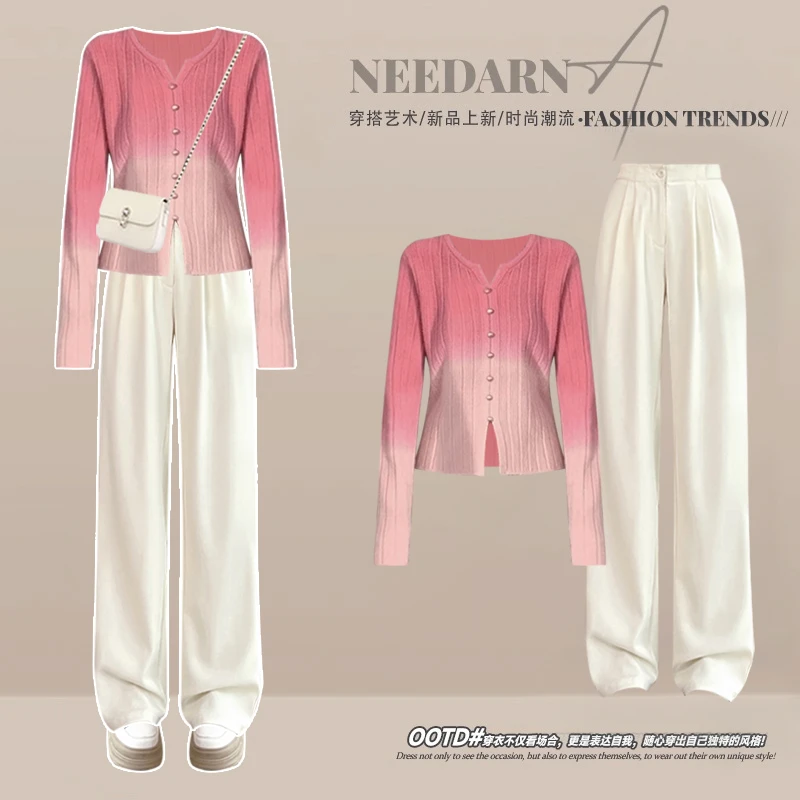 成套搭配减龄套装女春秋2025新款粉色开衫上衣+高腰休闲裤两件套