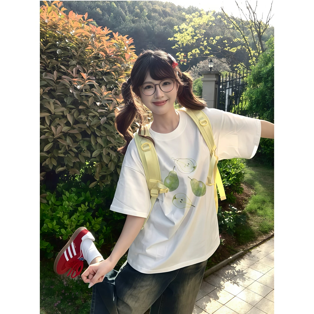 2025新款小众设计感白色水梨印花圆领短袖T恤女夏季慵懒风ins半袖