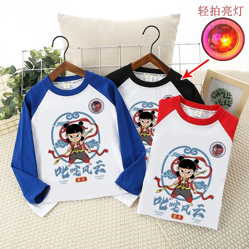 2025新款童装哪吒纯棉假两件长袖儿童t恤可亮灯衣服春秋男童上衣