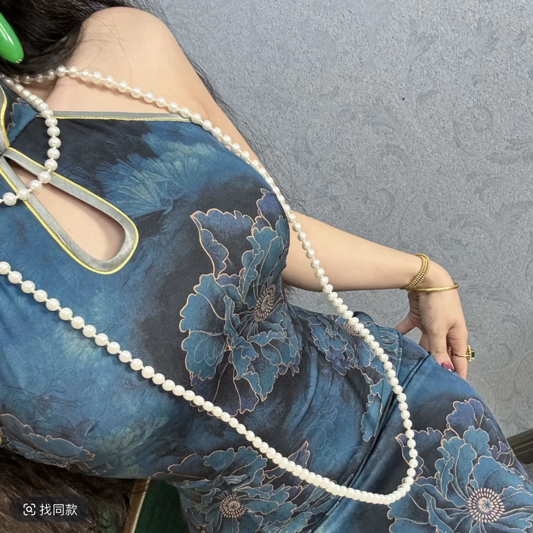 【兰陵王】新中式国风提花缎面挖肩旗袍连衣裙