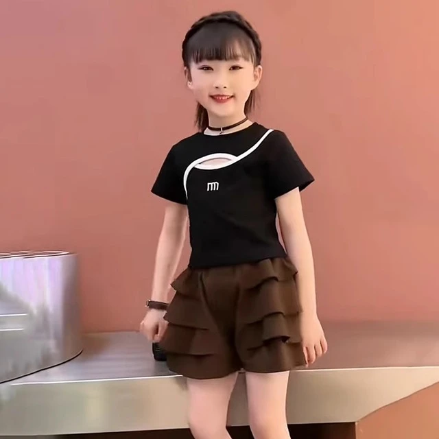 女童咖色短裤套装2024夏装新款网红大儿童装女孩夏季T恤时髦洋气