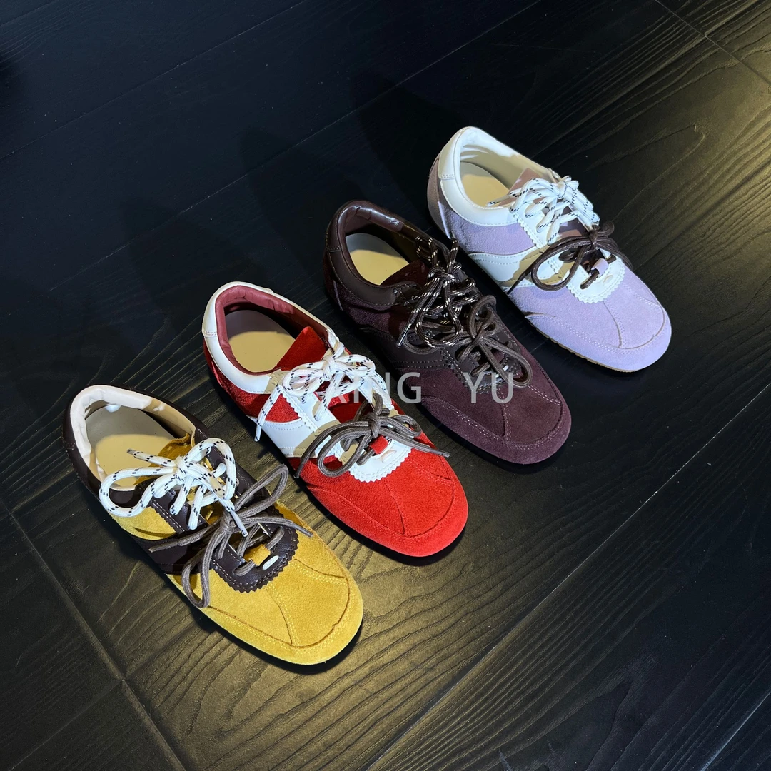 真皮复古红色德训鞋女2025小众新款时尚阿甘鞋平底百搭运动休闲鞋