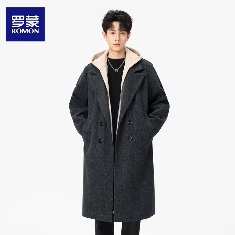 罗蒙假两件休闲毛呢百搭痞帅连帽大衣男装2025秋季新款韩版男外套