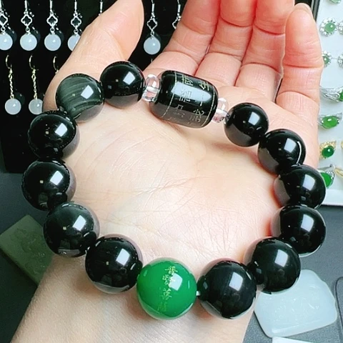 黑曜岩手串未镶嵌路路通14mm