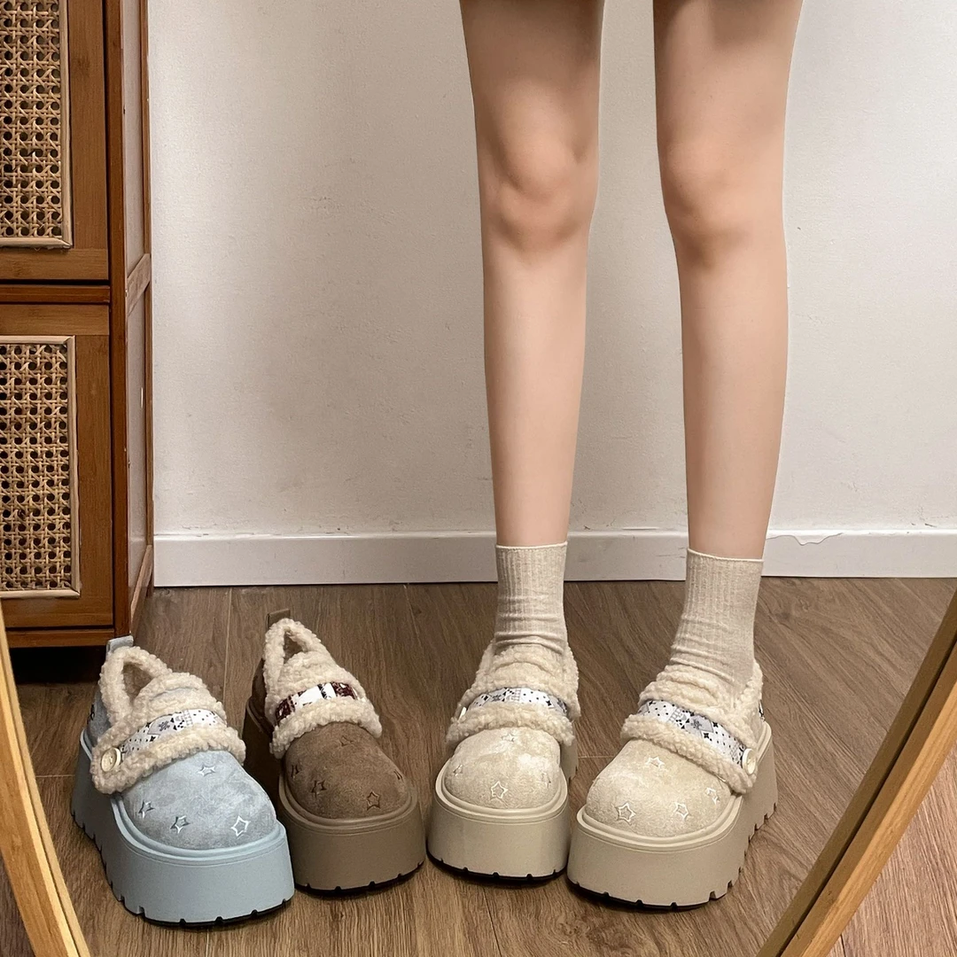 复古百搭费尔岛风毛毛雪地靴女款2025新款冬季加绒勃肯鞋厚底棉鞋