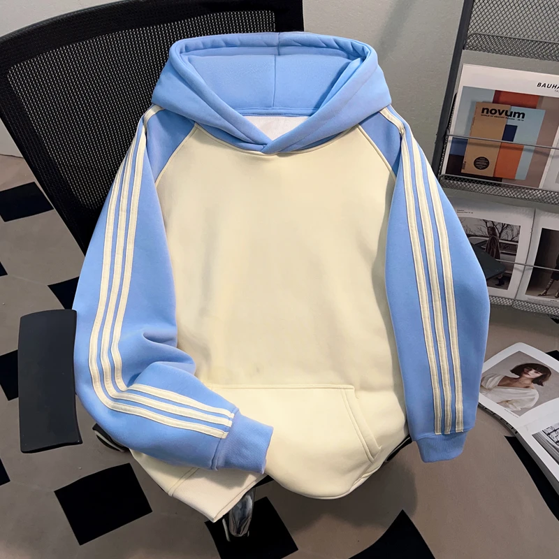 Dekkry纯色基础款连帽插肩三条杠卫衣男女秋冬流行套头情侣装上衣