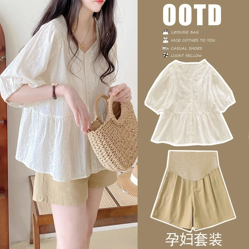 孕妇衬衫套装夏季时尚宽松洋气减龄小个子托腹短裤夏天怀孕孕妇裤