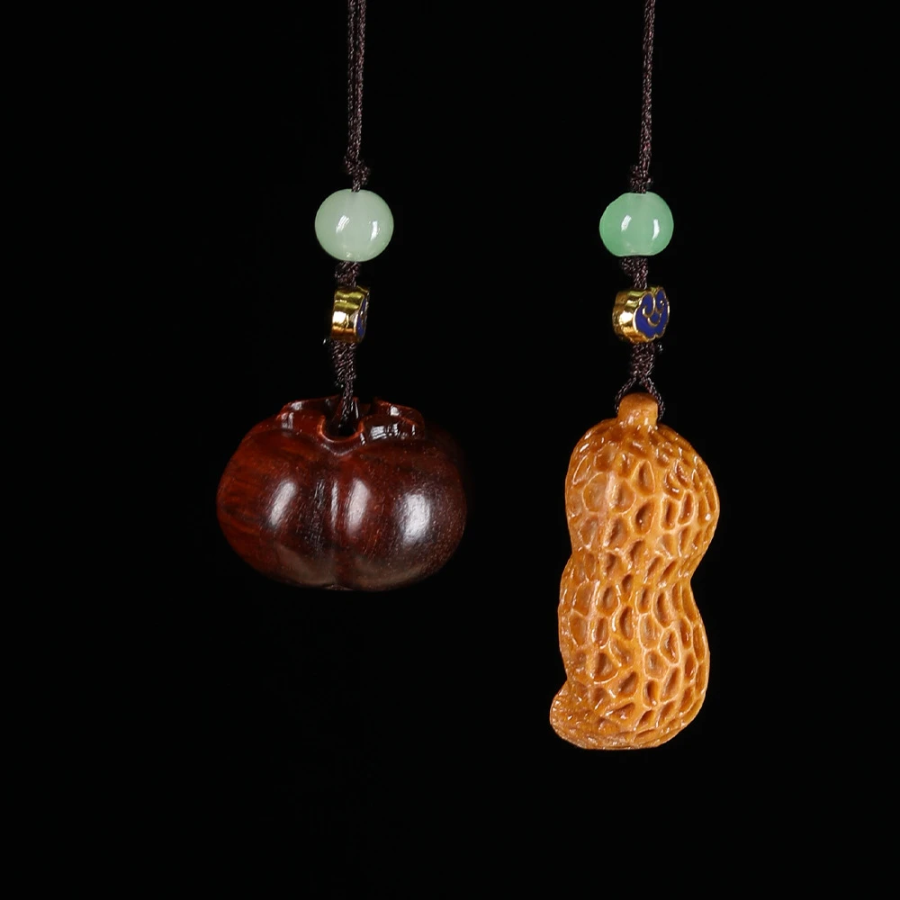 檀木雕刻好事花生手机吊坠男女车钥匙扣花生柿子实木挂件创意礼品