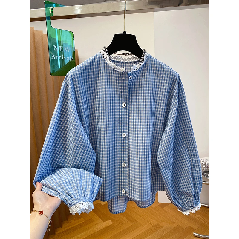 蓝色小格子衬衫女2025春季新款宽松短款洋气减龄小清新灯笼袖上衣