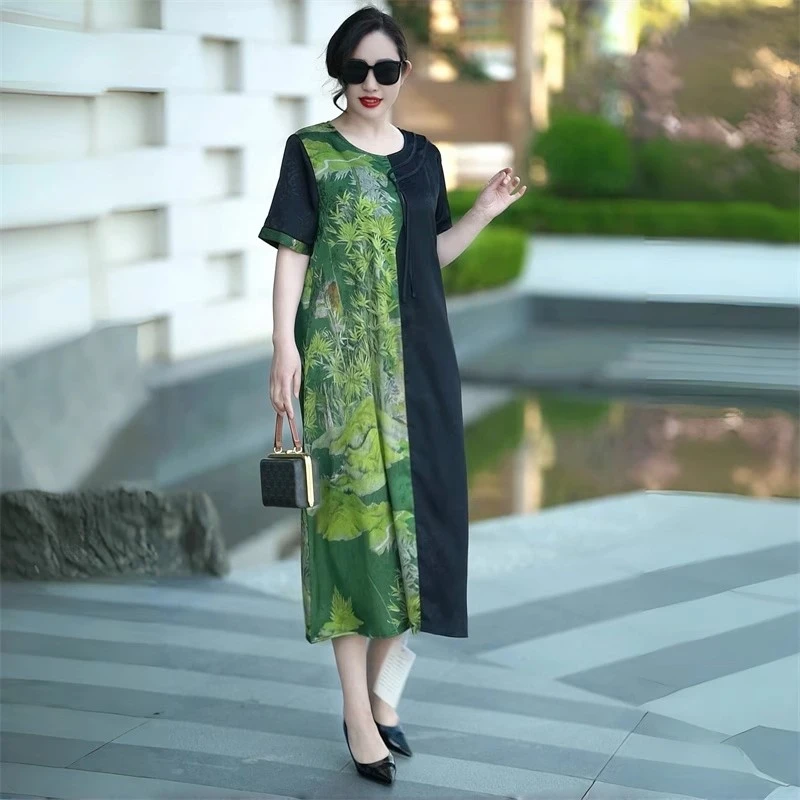 夏季中年妈妈装新款短款国风连衣裙时尚气质大码女装宽松长裙夏装