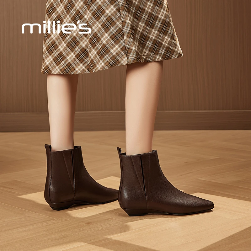 MILLIE S/妙丽女士小众时尚瘦瘦靴女2024年新款加绒小短靴时装靴