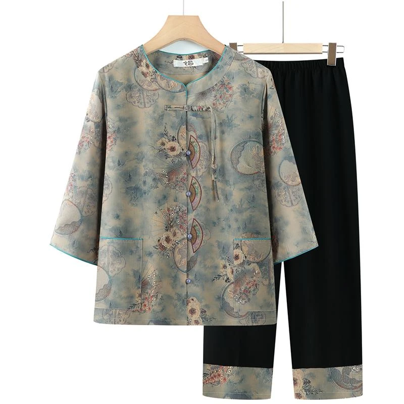 俞兆林老年人衣服女奶奶夏装套装七分袖衬衫薄款老太太开衫上衣妈